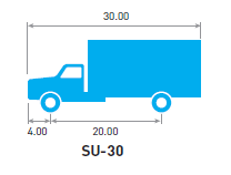 Image of an SU (single unit) 30 truck.  The truck measures 30' long, 4' from front bumper to middle of front wheel, and 20' from middle of front wheel to middle of rear wheel.