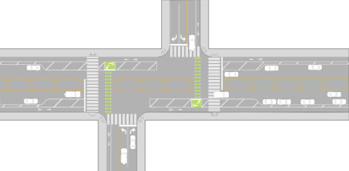 Figure BD. Intersection, Offset Street Two Stage Connection. Figure shows off-street bicycle connection with bike lanes, green cross bikes across intersections and bike boxes to indicate queuing area for a turning bicycle.