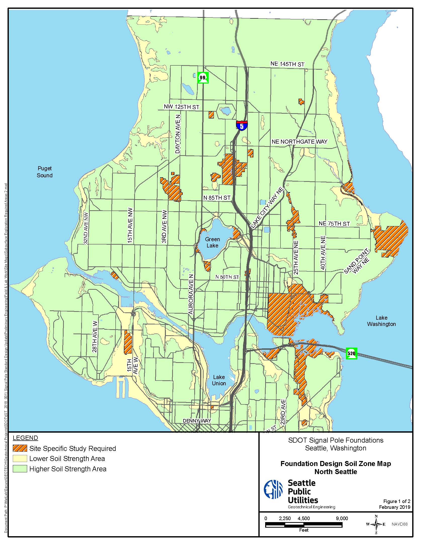 Map of North Seattle that shows the areas that require subsurface exploration