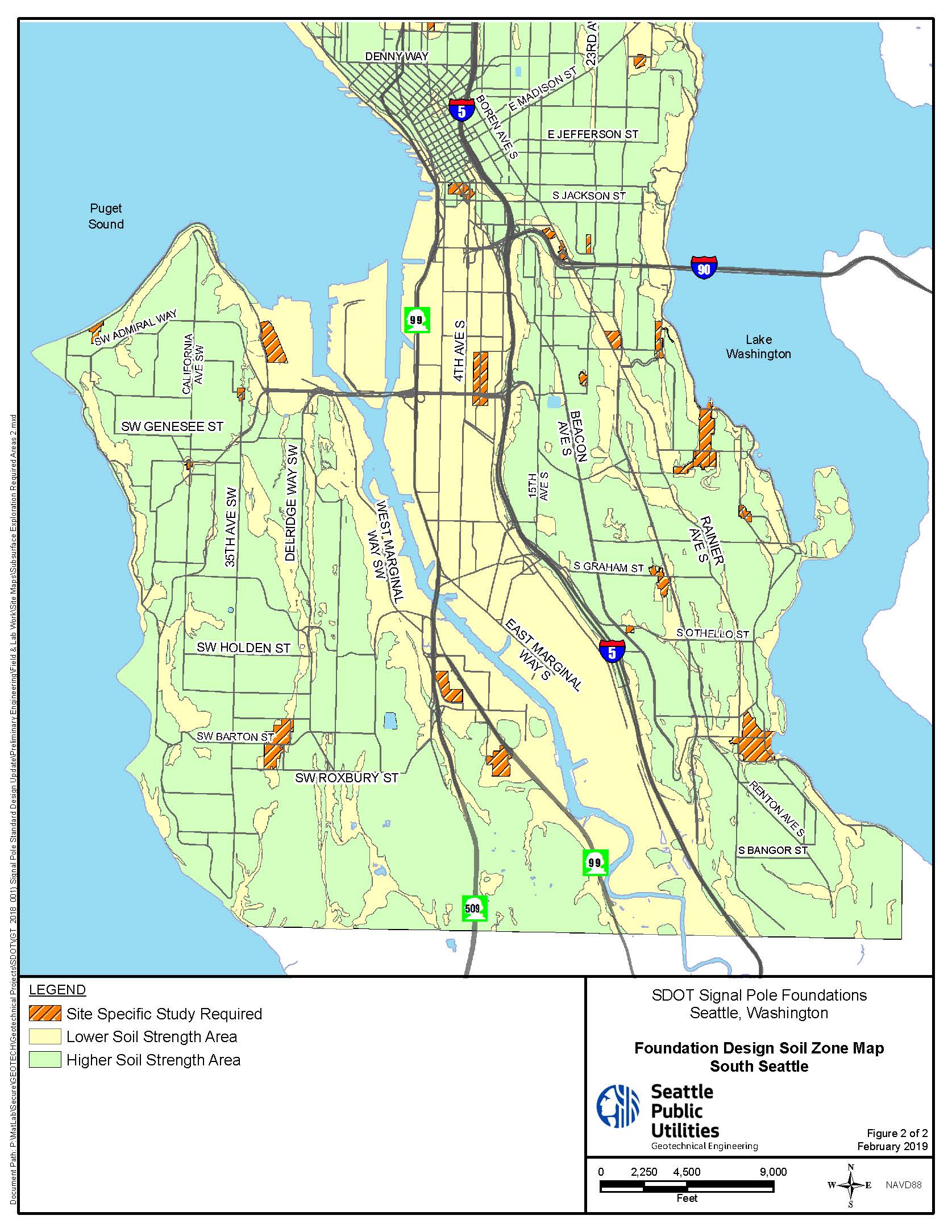 Map of South Seattle that shows areas that require subsurface exploration.